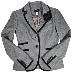 J. Crew Grey Wool Blend Blazer Jacket with Black Trim Boutonniere Floral Pin 0